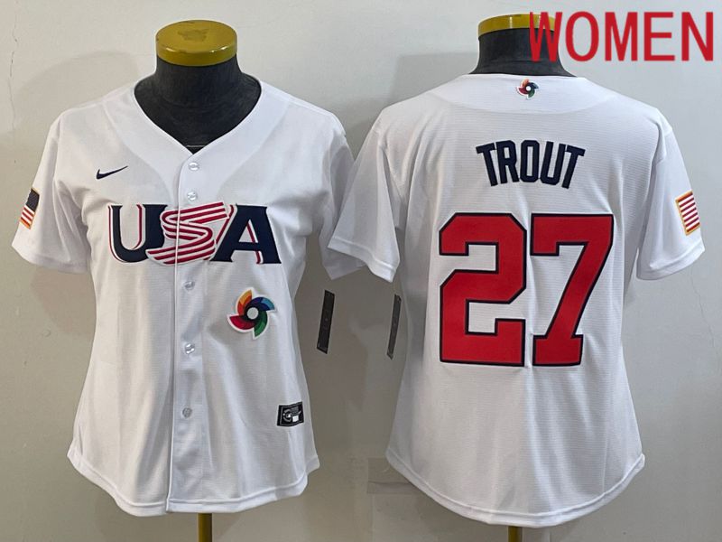 Women 2023 World Cub USA 27 Trout White Nike MLB Jersey8